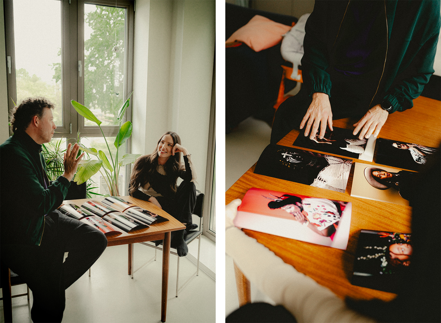 Two photos: the first is a photo of Juri and Melanie. They are sitting together at a table with photos on it. Juri is talking, and Melanie is looking at him with a smile. The second is a close-up of the table. Juri and Melanie&rsquo;s hands are visible. Together, they are looking at the photos on the table.
